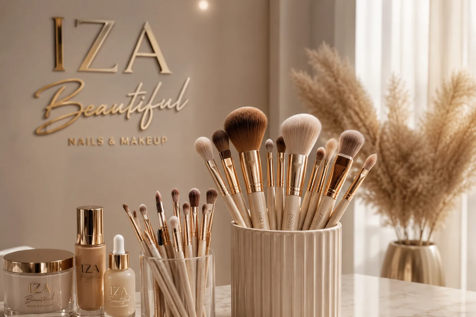 Iza Studio makeup brushes and complexion products arranged in the studio